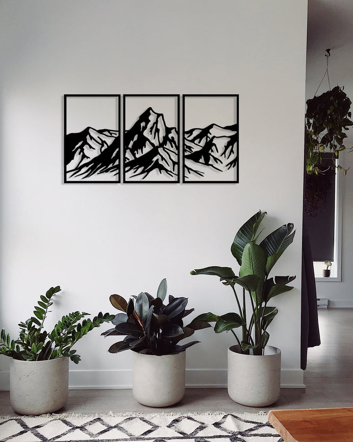 Modern Dağlar Siyah Metal Duvar Tablosu - Lüks Altın Renkli Zirve Pano
