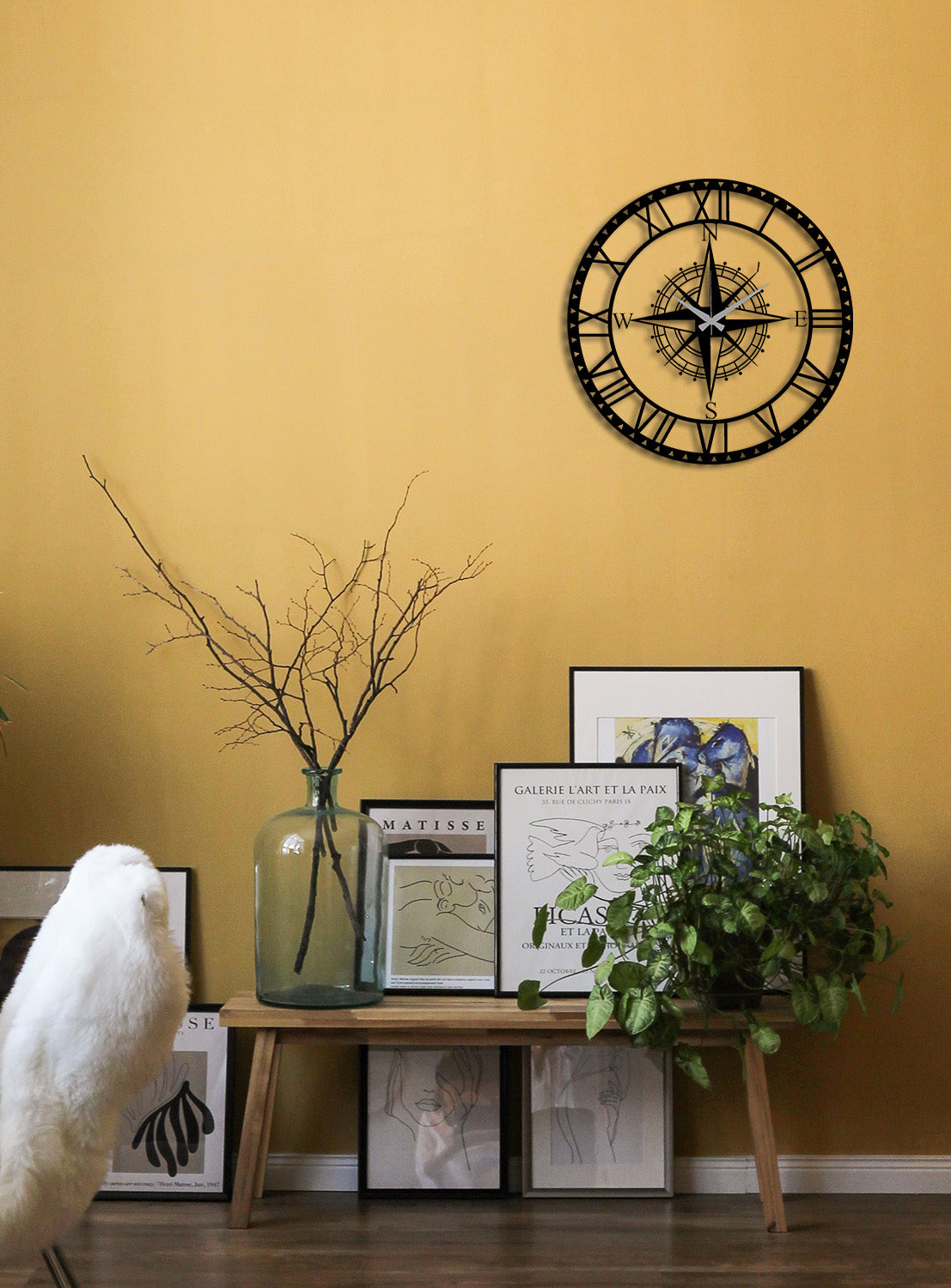 Duvardan 2cm Önde Duran 3D Derinlikli Metal Pusula Saat Duvar Dekoru