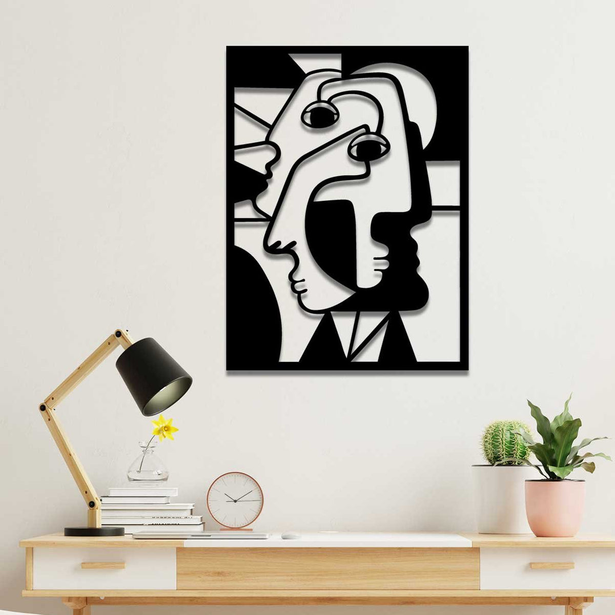 Duvardan 2cm Önde Duran 3D Gölge Efektli Modern Kübist Metal Yüz Sanatı