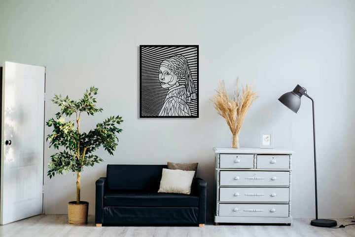 Duvardan 2cm Önde Duran 3D Gölge Efektli Modern İnci Küpeli Kız Metal Silüeti