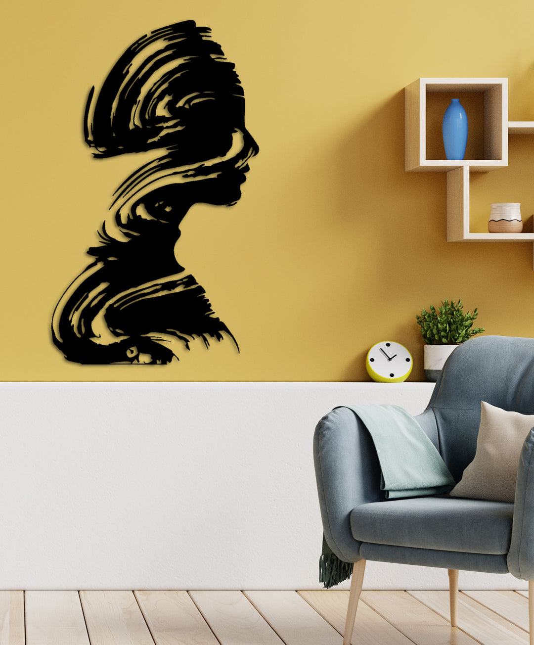 Duvardan 2 cm önde duran yapısıyla duvarda zarif gölge oyunları yaratan kadın silüeti metal tablo.