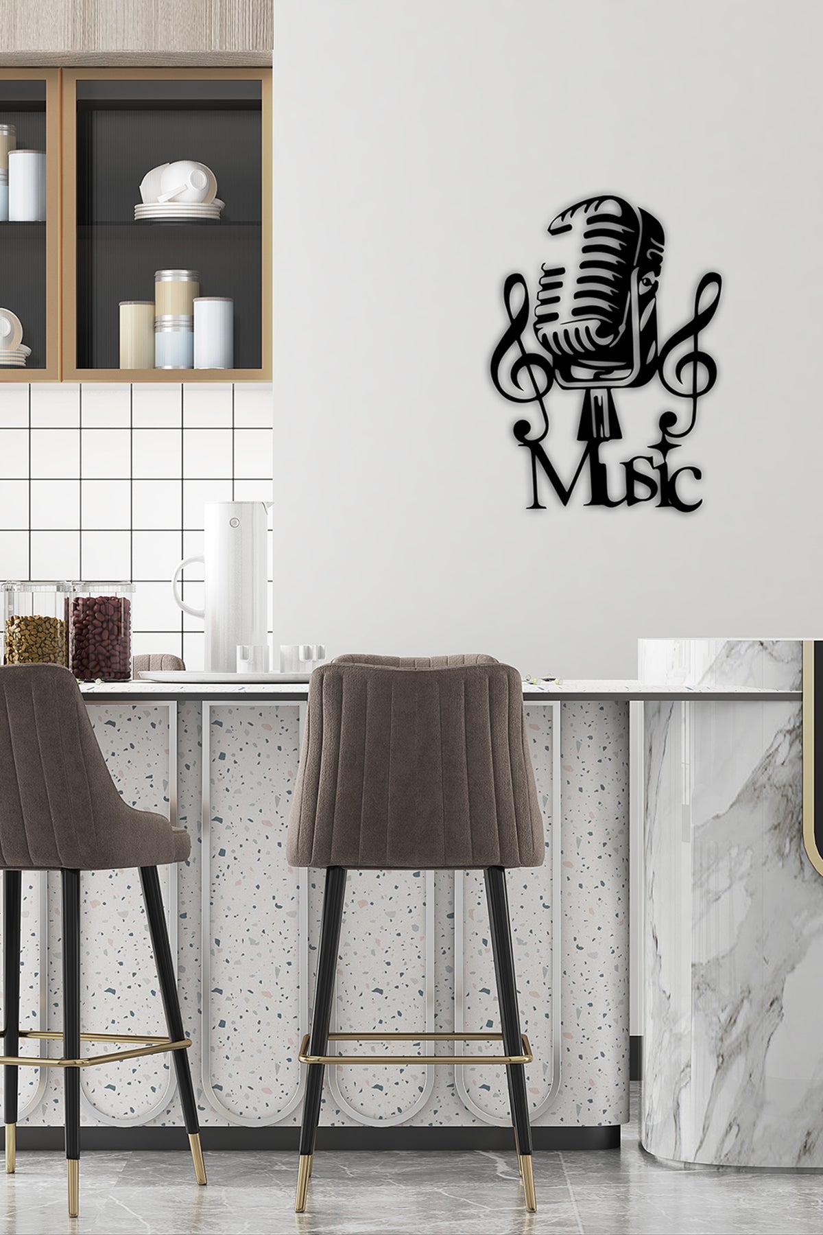 Retro Mikrofon ve Nota Panosu ve 2 cm Derinlik Paylı Doğal Gölge Efekti