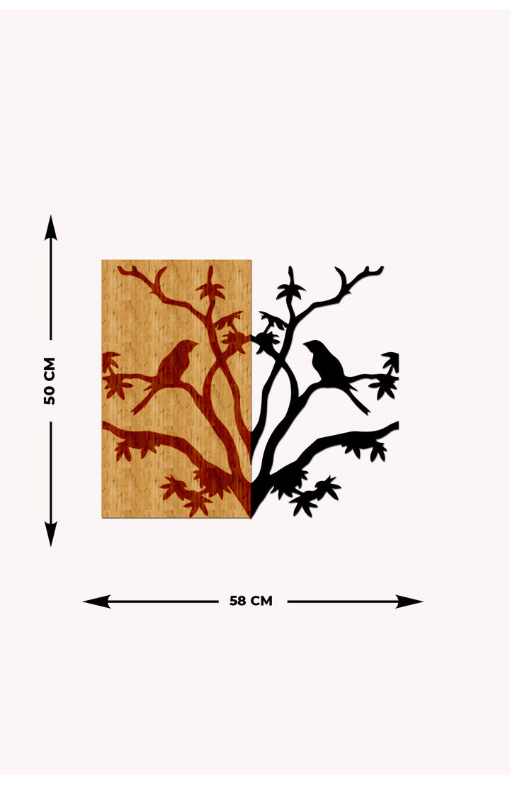 Kuşlar ve Ağaç Dalları Ahşap Metal Duvar Tablosu