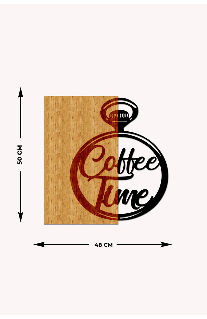 Coffee Time Yazısı Ahşap Metal Duvar Tablosu