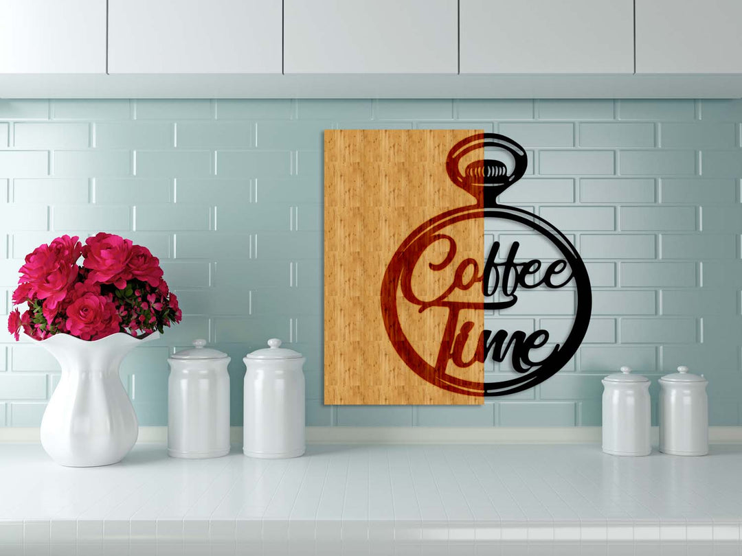 Coffee Time Yazısı Ahşap Metal Duvar Tablosu