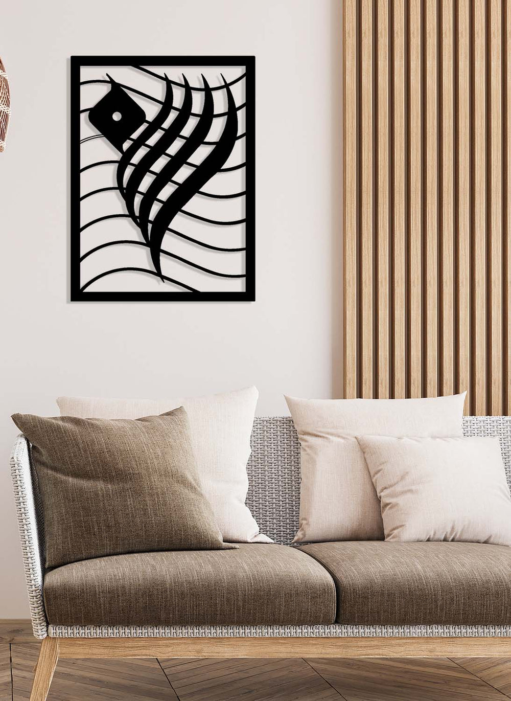 Antre ve girişler için huzurlu bir karşılama sunan İslami metal tablo dekor fikri.