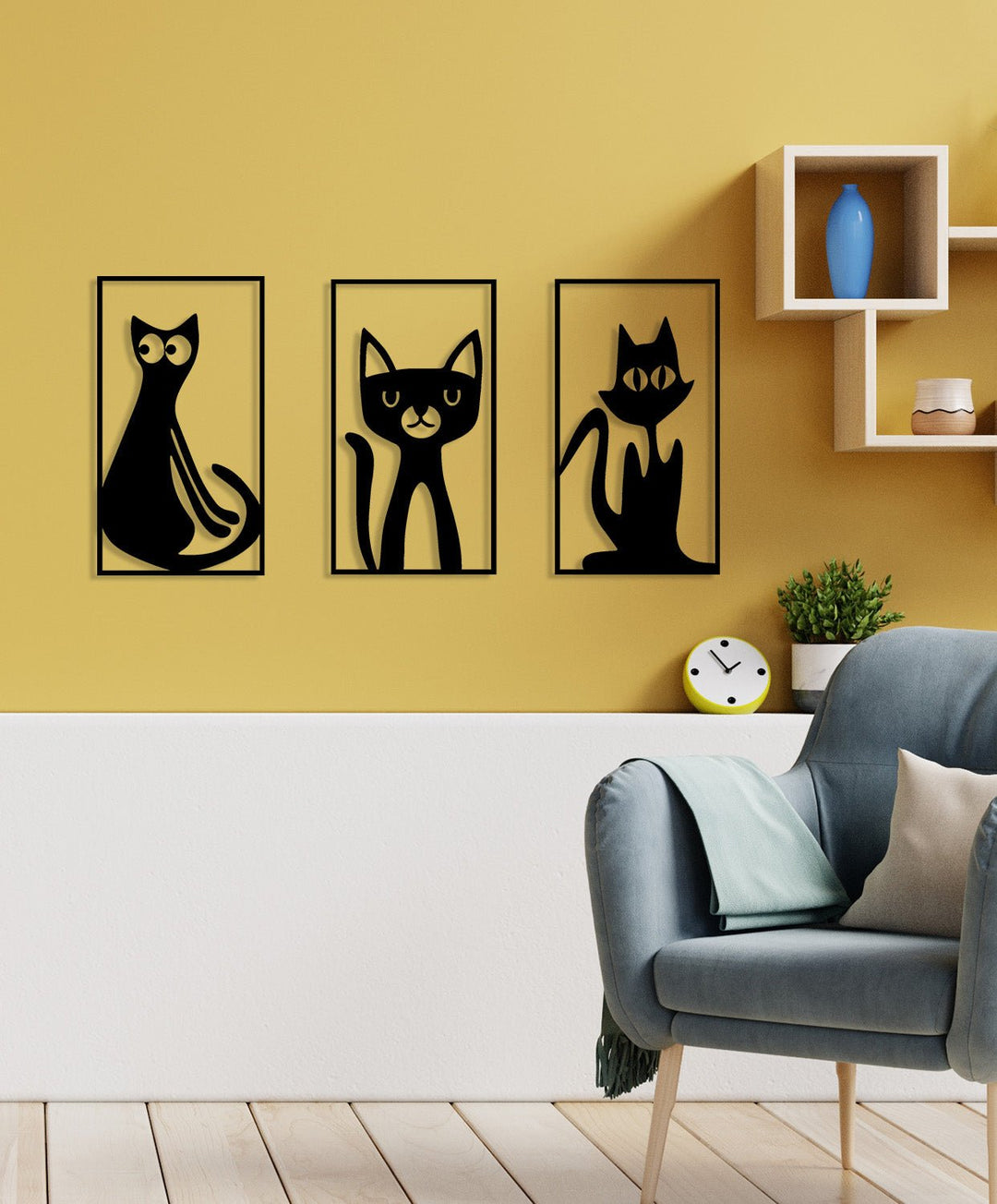 Artroya Trio Serisi Üçlü Kedi Karakterleri Lüks Metal Duvar Sanatı Seti