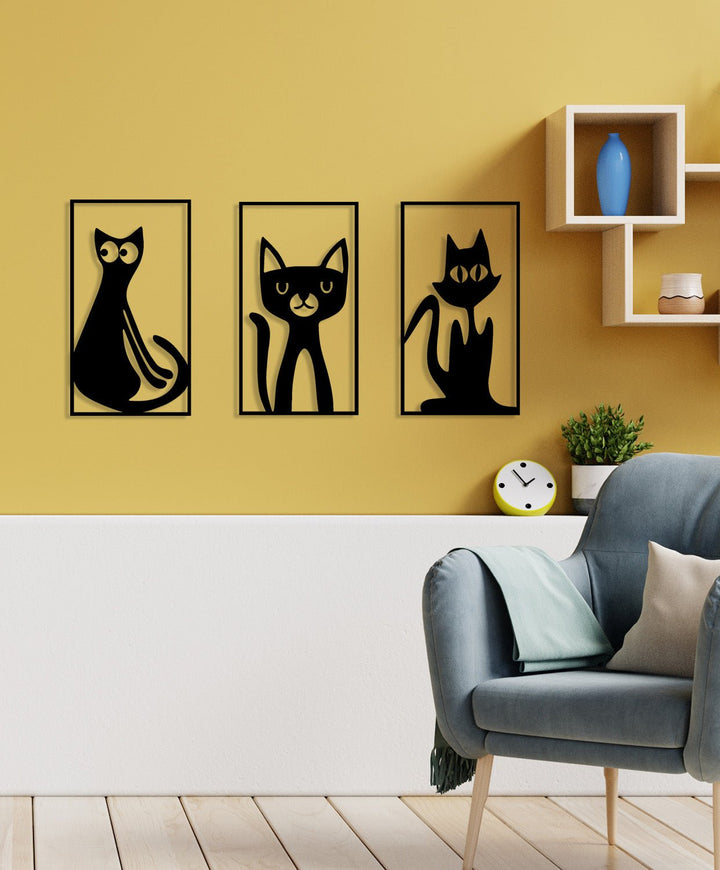 Artroya Trio Serisi Üçlü Kedi Karakterleri Lüks Metal Duvar Sanatı Seti