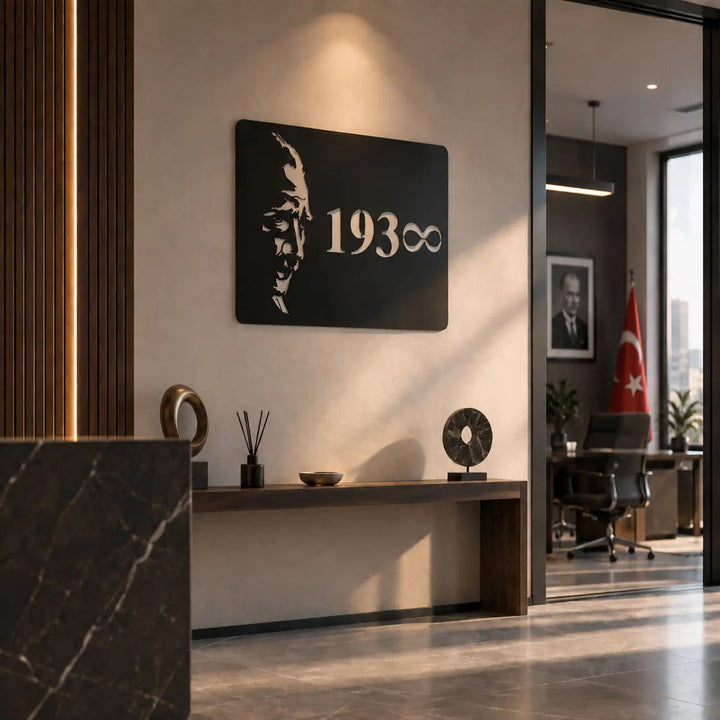 Atatürk portresi ve 1938 sonsuzluk sembolünü bir araya getiren siyah metal duvar tablosunun modern yaşam alanındaki görünümü.
