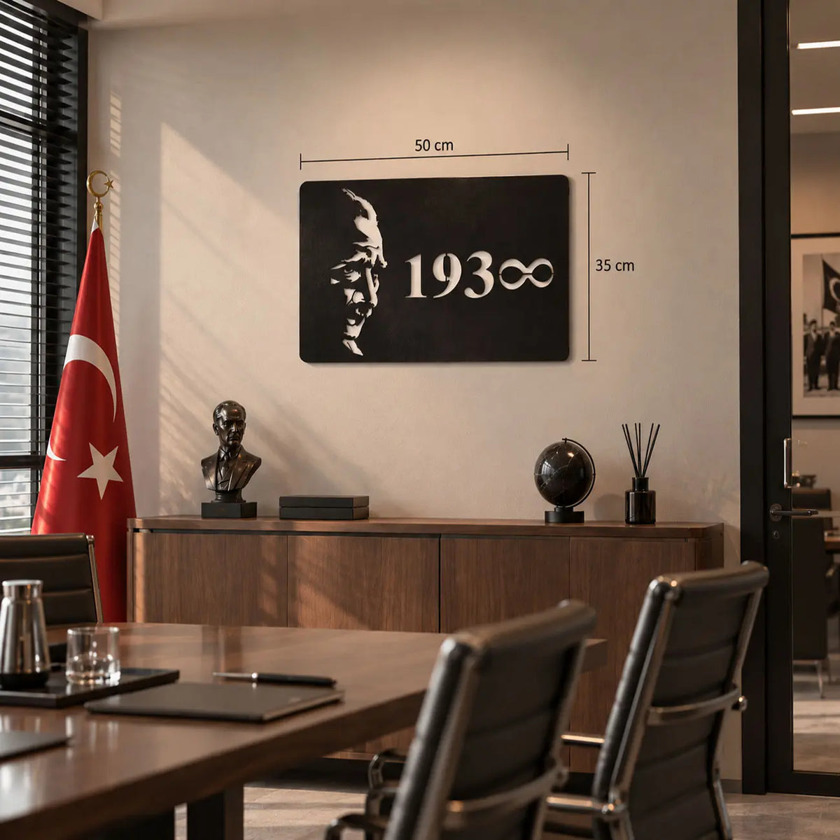 Atatürk 1938 sonsuzluk metal duvar tablosunun 50 x 35 cm ölçülerini gösteren ürün görseli.