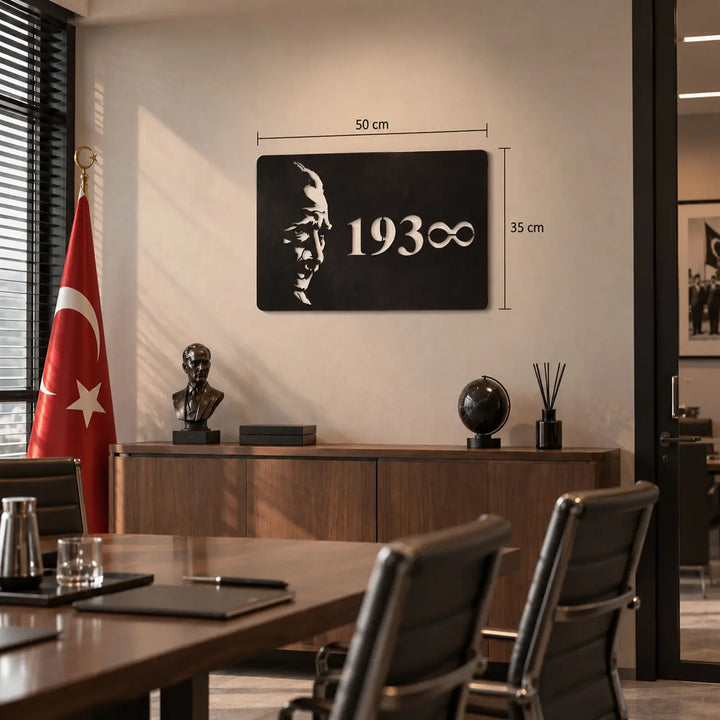 Atatürk 1938 sonsuzluk metal duvar tablosunun 50 x 35 cm ölçülerini gösteren ürün görseli.