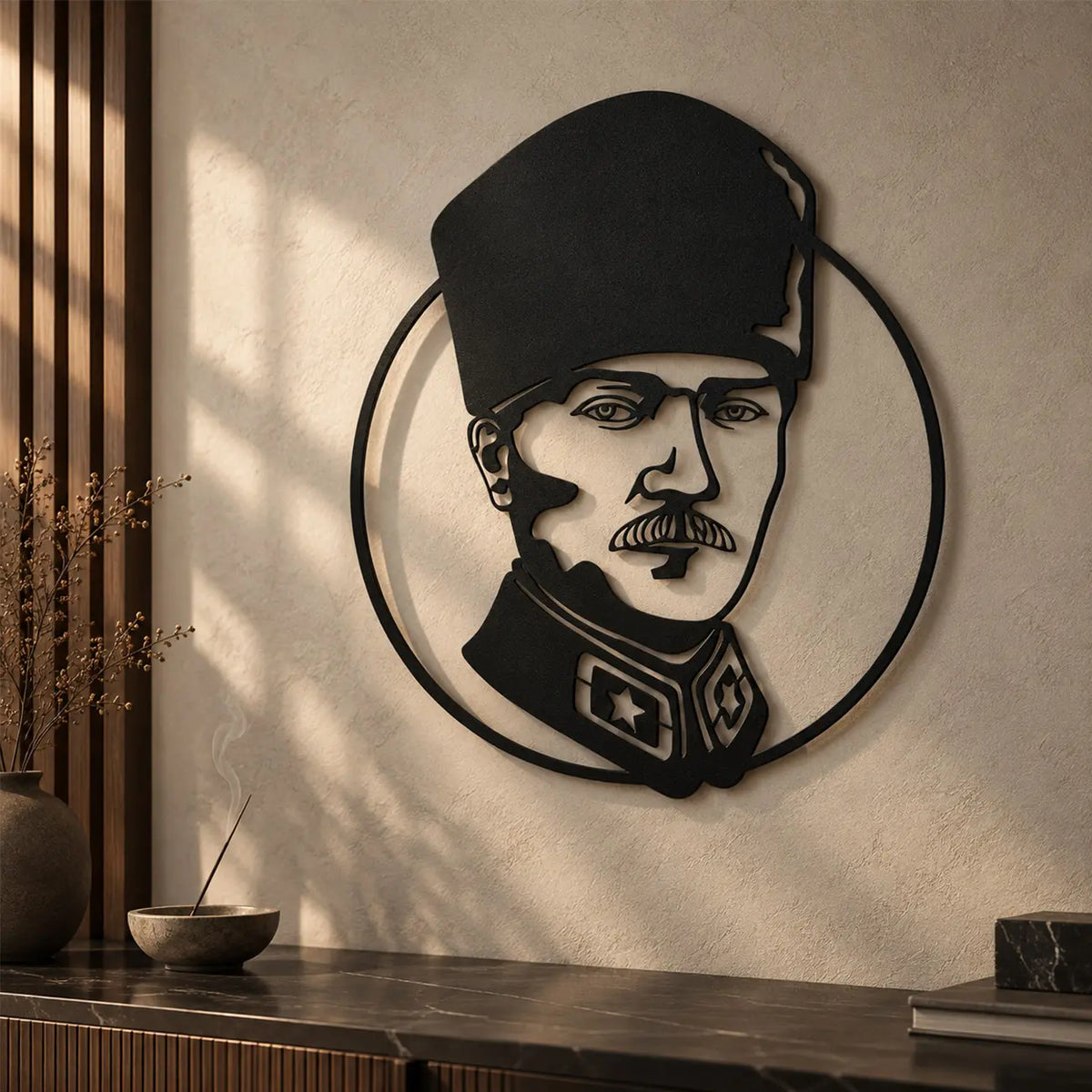 Atatürk'ün askeri üniformalı portresini dairesel tasarımla birleştiren siyah metal duvar tablosunun üç boyutlu derinlik ve gölge etkisiyle modern iç mekân duvar dekorasyonundaki görünümü.