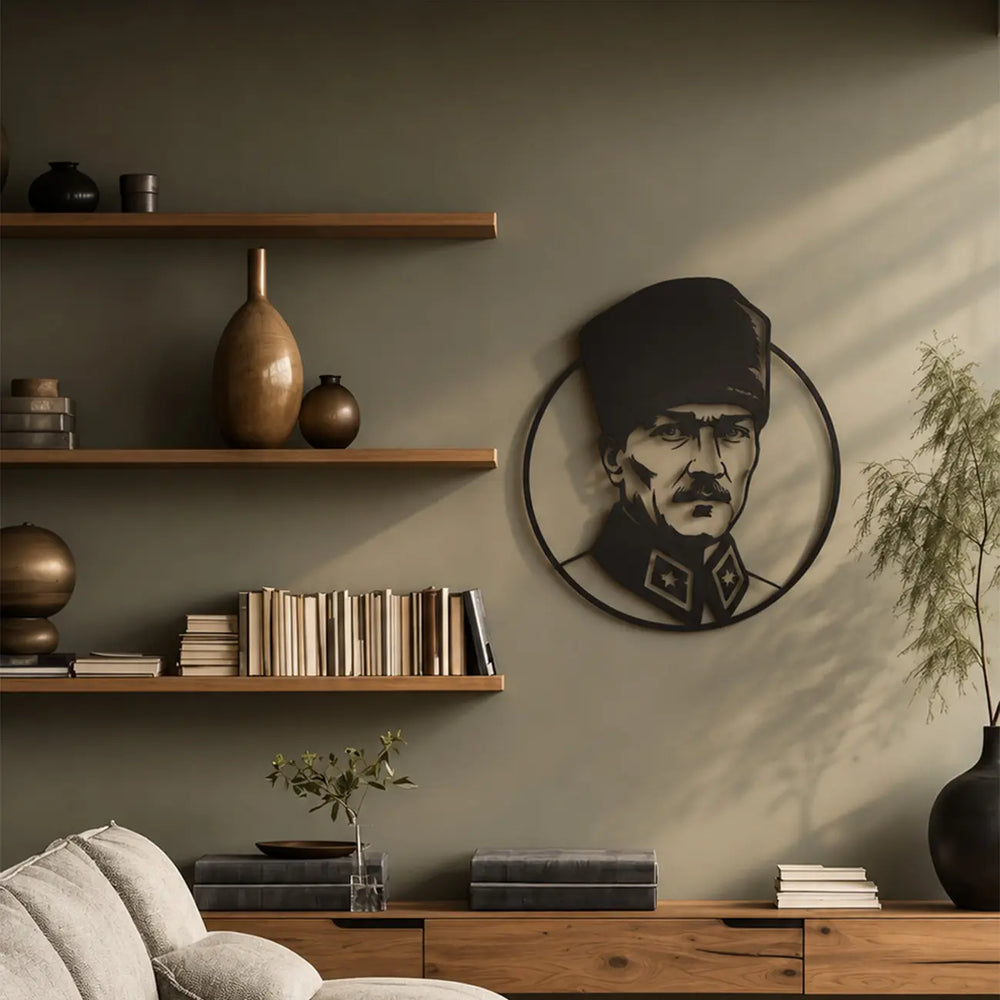 Atatürk'ün askeri üniformalı portresini dairesel metal tasarımla birleştiren siyah metal duvar tablosunun kitaplıklı modern salon ve yaşam alanındaki kullanımı.