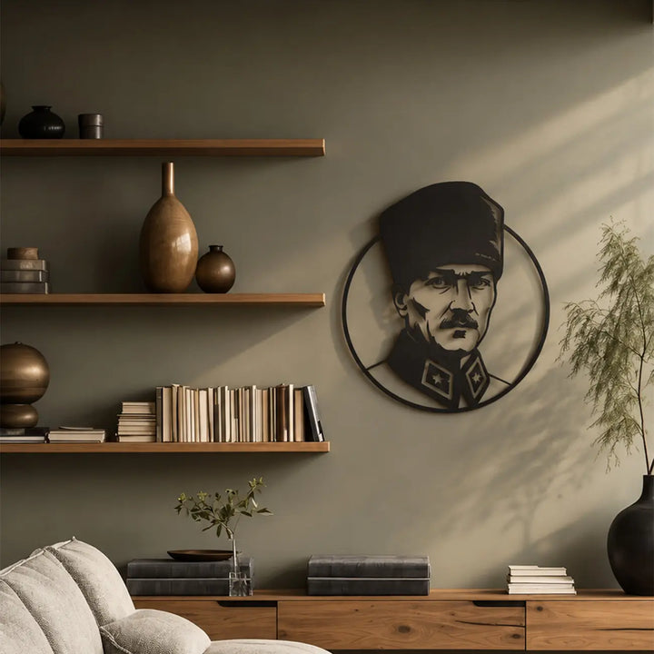 Atatürk'ün askeri üniformalı portresini dairesel metal tasarımla birleştiren siyah metal duvar tablosunun kitaplıklı modern salon ve yaşam alanındaki kullanımı.