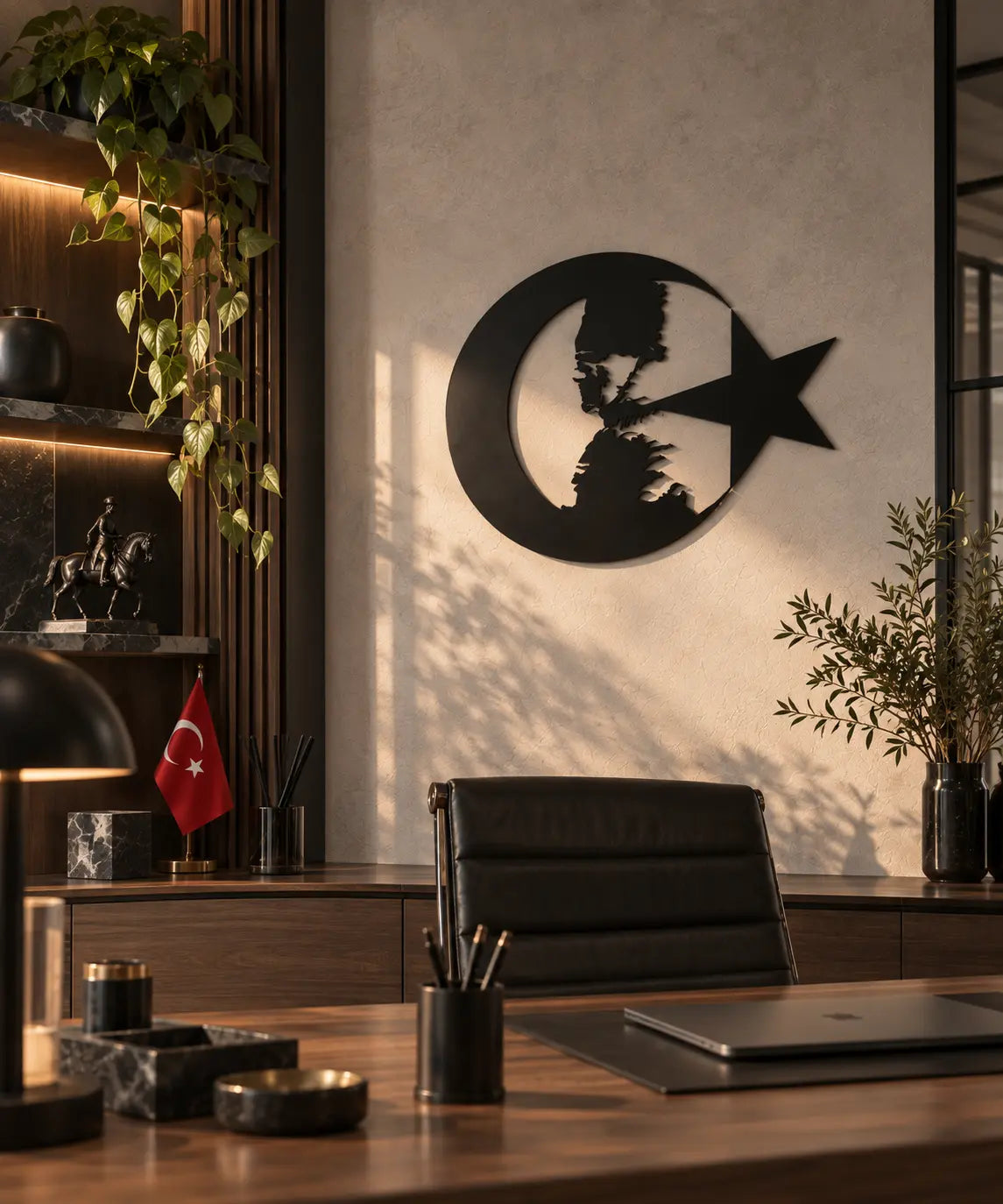 Atatürk silüeti ve ay yıldız tasarımlı siyah metal duvar tablosunun modern yönetici ofisindeki kullanımı.