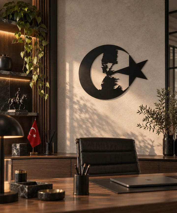 Atatürk silüeti ve ay yıldız tasarımlı siyah metal duvar tablosunun modern yönetici ofisindeki kullanımı.