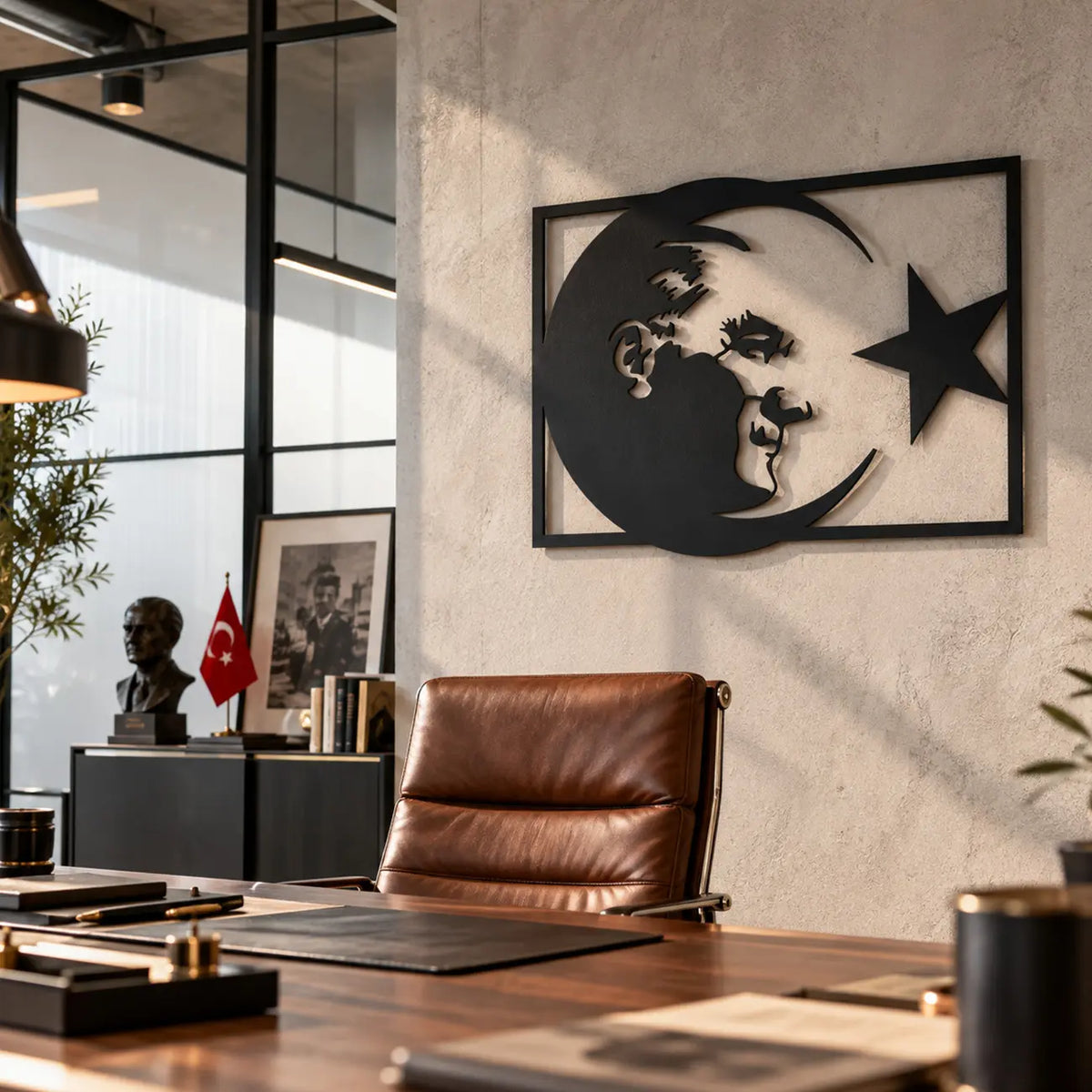Ay ve yıldız tasarımı içerisinde Atatürk profilini taşıyan siyah metal duvar tablosunun modern çalışma odası ve home office alanında duvar dekorasyonu olarak kullanımı.