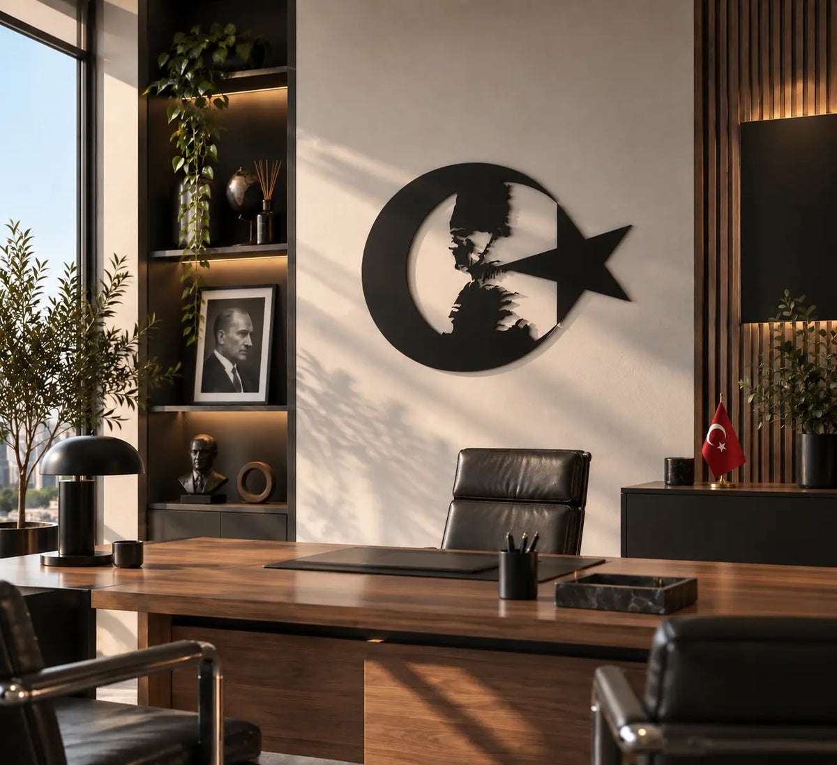 Atatürk silüeti ve ay yıldız detaylı siyah metal duvar tablosunun modern ofis dekorasyonunda kullanımı.
