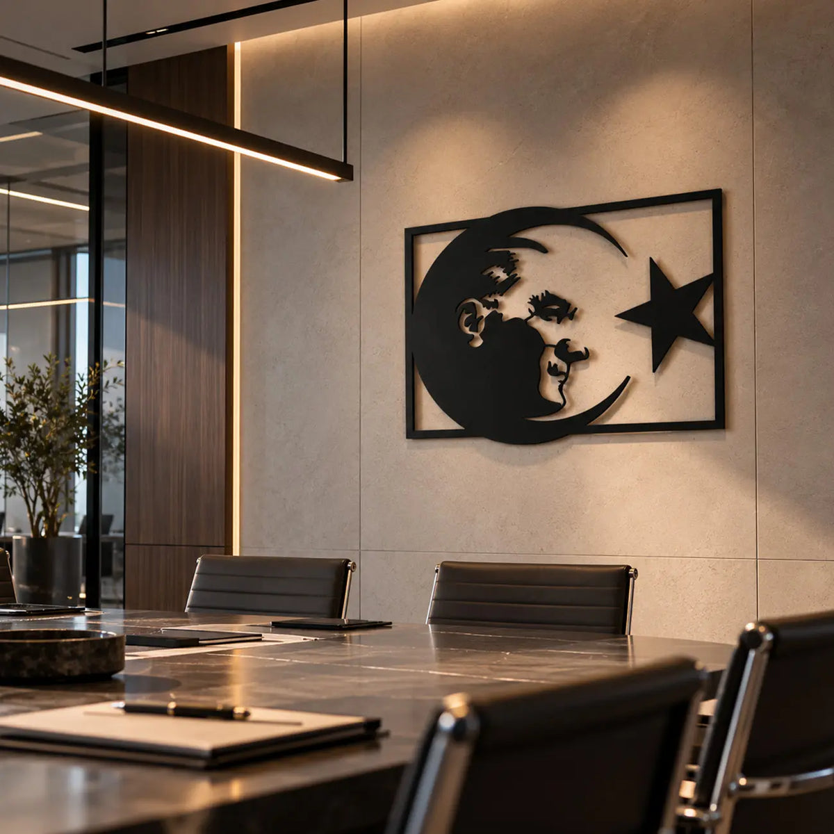 Ay ve yıldız tasarımı içerisinde Atatürk portresini taşıyan siyah metal duvar tablosunun modern toplantı odasında, toplantı masasının arkasındaki duvarda dekoratif metal duvar sanatı olarak kullanımı.