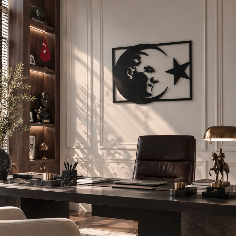 Ay ve yıldız tasarımı içerisinde Atatürk portresini taşıyan siyah metal duvar tablosunun modern yönetici ofisinde, çalışma masasının arkasında dekoratif duvar sanatı olarak kullanımı.