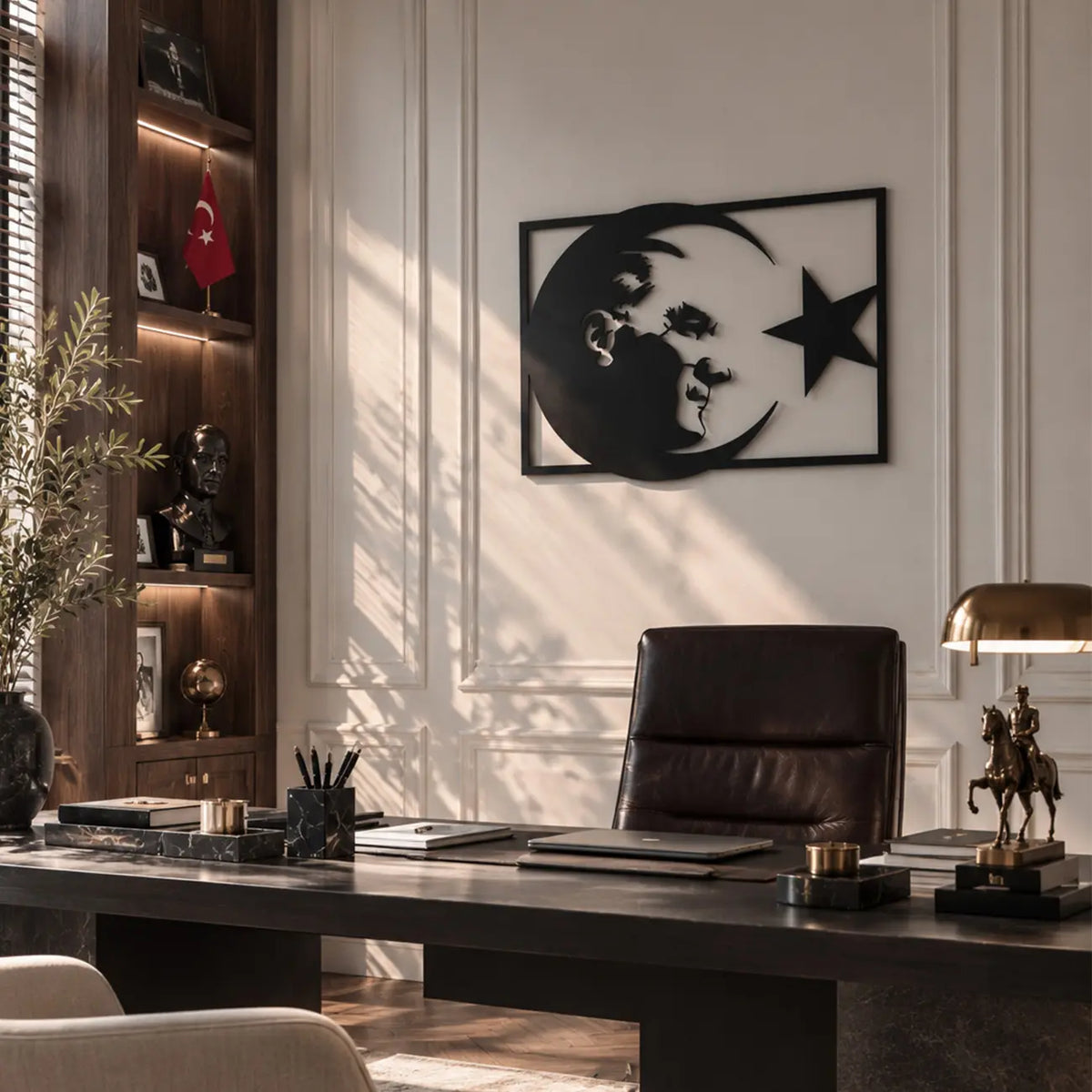 Ay ve yıldız tasarımı içerisinde Atatürk portresini taşıyan siyah metal duvar tablosunun modern yönetici ofisinde, çalışma masasının arkasında dekoratif duvar sanatı olarak kullanımı.