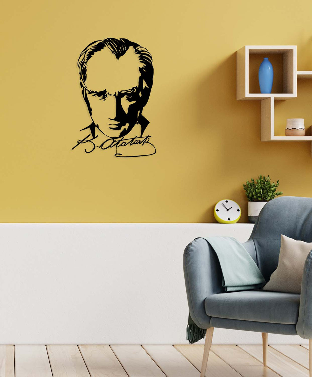 Modern ofis duvarları için çerçevesiz Atatürk metal duvar sanatı - Stil rehberi ve uygulama örneği.