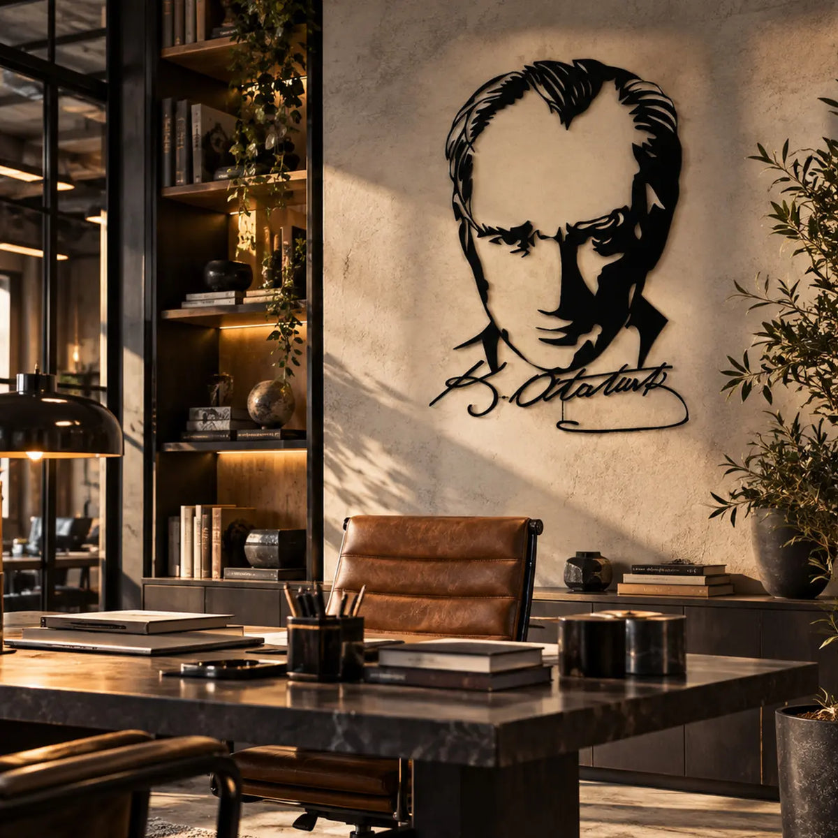Atatürk portresi ve imza tasarımlı siyah metal duvar tablosunun ahşap kitaplık ve deri çalışma koltuğuna sahip modern ofiste duvar dekorasyonu olarak kullanımı.