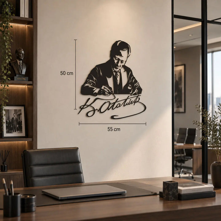 Atatürk imza tasarımlı siyah metal duvar tablosunun 55 x 50 cm ölçülerini gösteren ürün görseli.