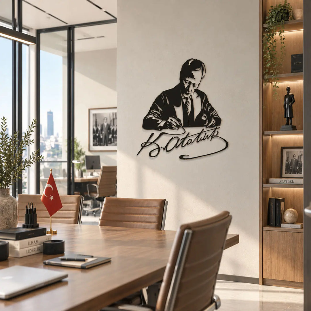 Atatürk'ün çalışma ve imza anını tasvir eden siyah metal tablonun modern toplantı salonu kullanımı.