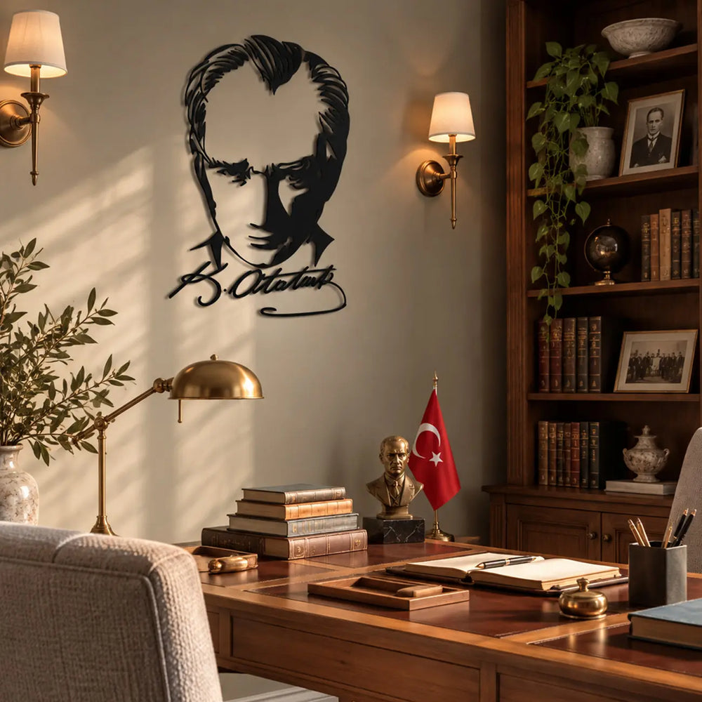 Atatürk portreli ve imzalı siyah metal tablonun ahşap kitaplık, çalışma masası ve dekoratif aydınlatmaya sahip klasik-modern yönetici ofisindeki duvar dekorasyonu.