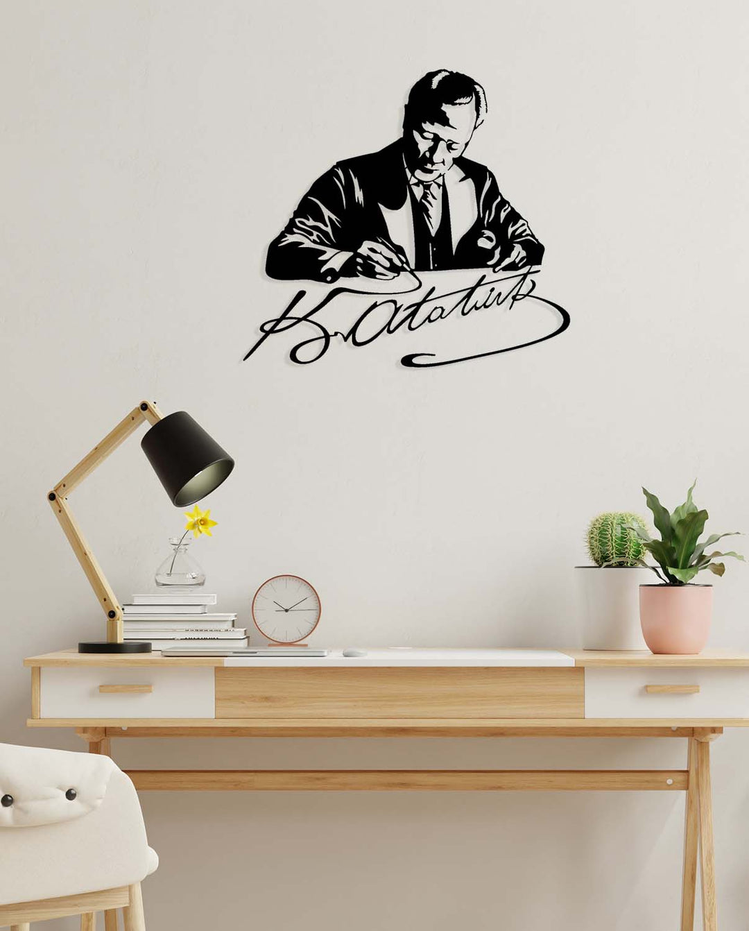 Duvardan 2cm önde duran Atatürk imza metal tablo - Nöro-estetik gölge ve derinlik.