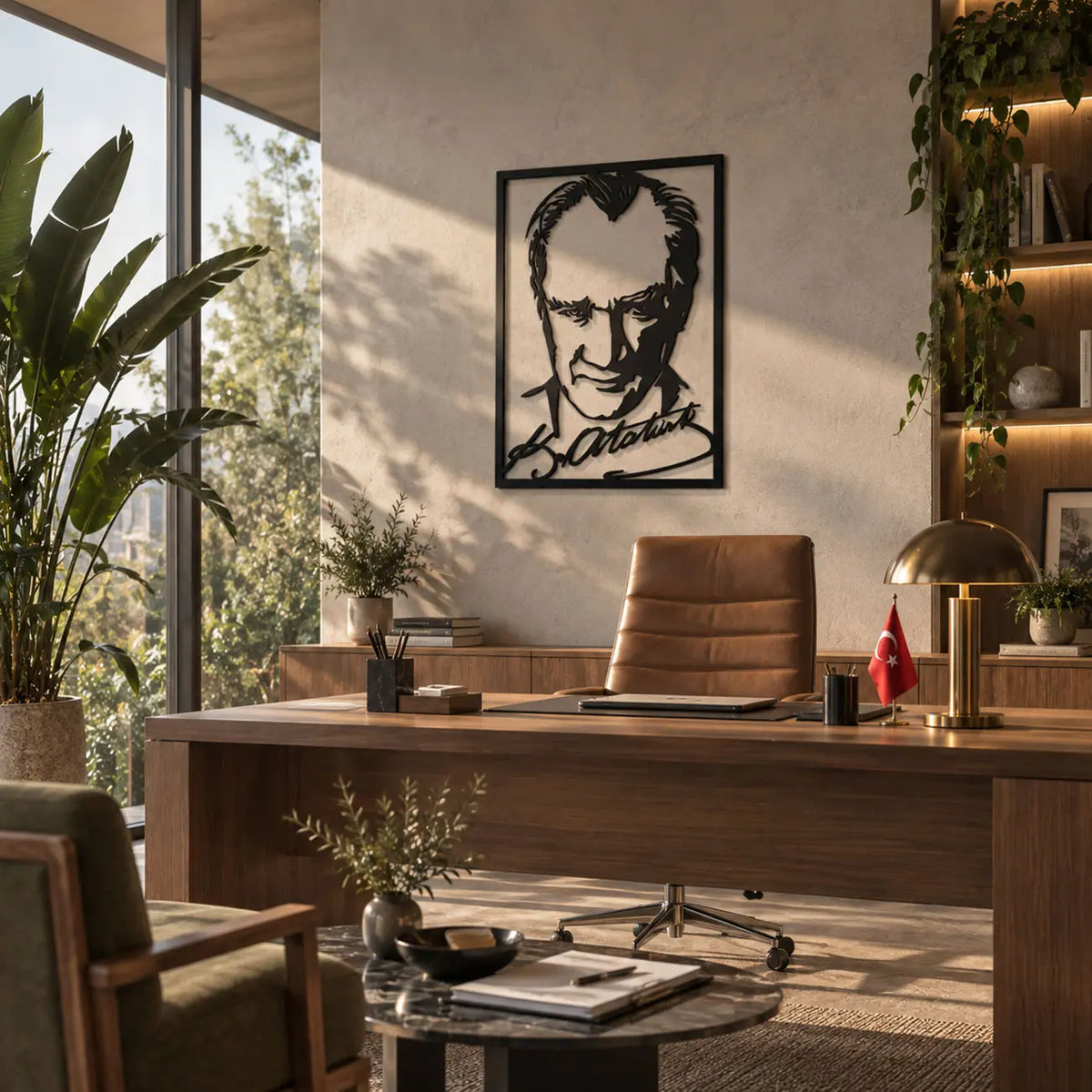 Atatürk imzalı ve portre tasarımlı siyah metal tablonun modern yönetici ofisi ve çalışma alanında dekoratif duvar sanatı olarak kullanımı.