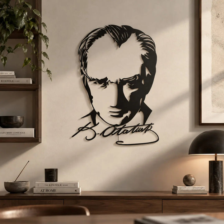Atatürk portresi ve imza çizgilerinden oluşan çerçevesiz siyah metal tablonun lazer kesim detaylarını, ince metal hatlarını ve duvarda oluşturduğu gölge etkisini gösteren ürün görünümü.