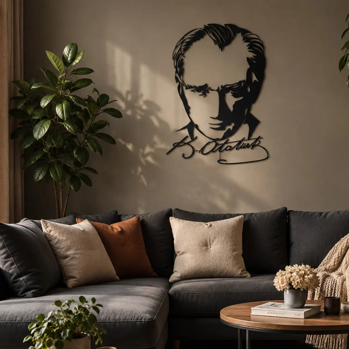 Atatürk portresi ve imzasını bir araya getiren çerçevesiz siyah metal duvar tablosunun modern salon ve oturma alanında, koltuk arkasındaki duvarda dekoratif kullanımı.