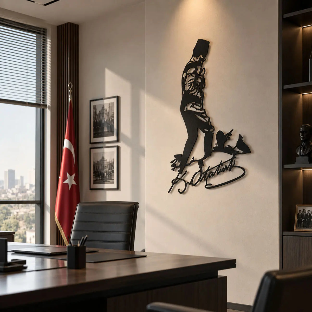 Atatürk Kocatepe silüeti ve imzalı siyah metal tablonun Türk bayrağı ve Atatürk detayları bulunan modern yönetici ofisindeki kullanımı.