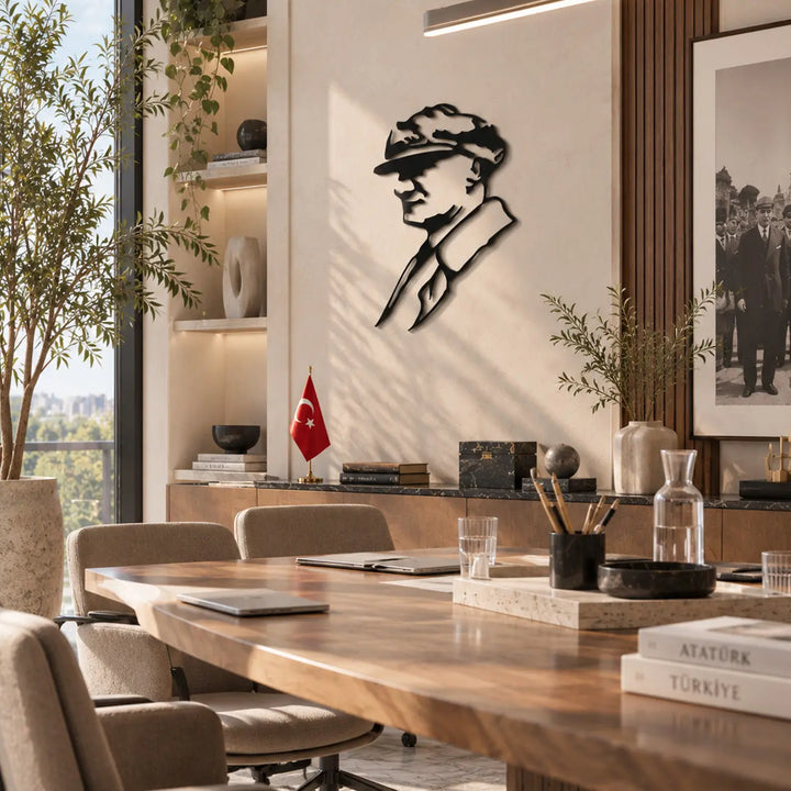 Atatürk profilini modern çizgi sanatıyla tasarlayan siyah metal duvar tablosunun Türk bayrağı bulunan modern toplantı odasında duvar dekorasyonu olarak kullanımı.