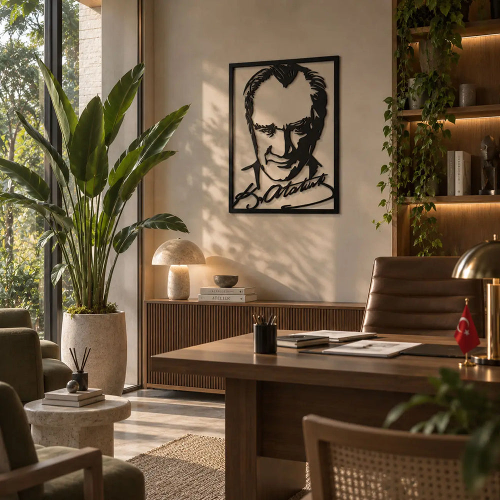 Atatürk portresi ve imza tasarımlı siyah metal duvar tablosunun modern yönetici ofisinde, çalışma masasının arkasında duvar dekorasyonu olarak kullanımı.