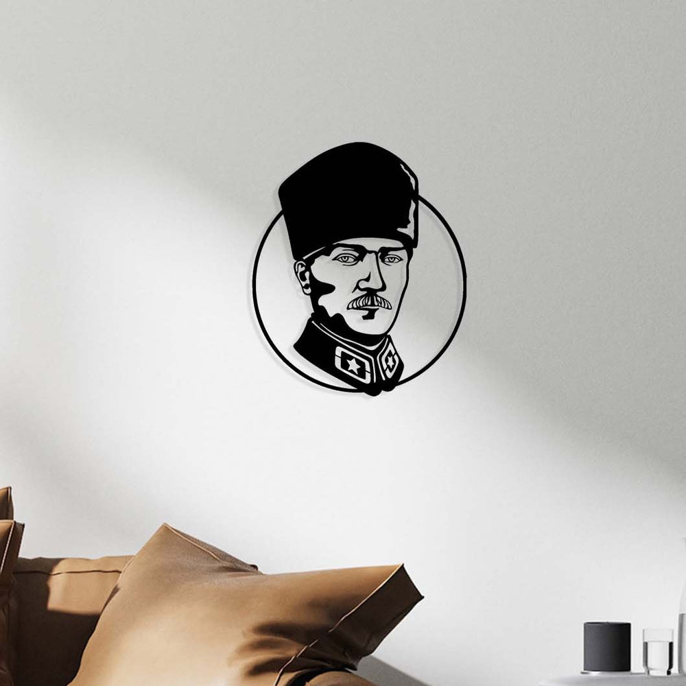 1.5mm çelik lazer kesim detaylı modern Atatürk portresi - Artroya pürüzsüz mat siyah doku.