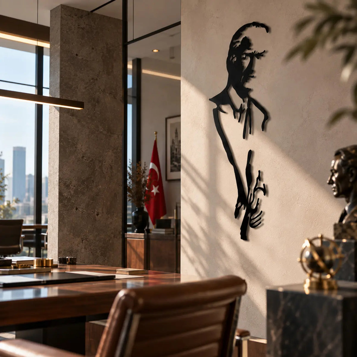 Minimalist Atatürk metal duvar tablosunun yan açıdan görünümü; lazer kesim çizgileri, duvardan uzaklığı ve ışıkla oluşan üç boyutlu gölge etkisi.