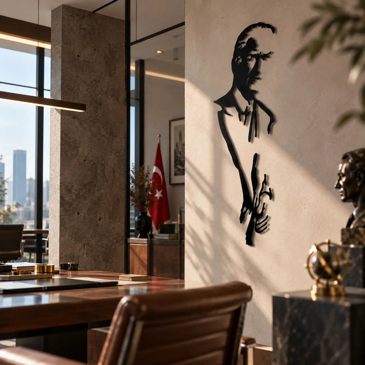 Minimalist Atatürk metal duvar tablosunun yan açıdan görünümü; lazer kesim çizgileri, duvardan uzaklığı ve ışıkla oluşan üç boyutlu gölge etkisi.