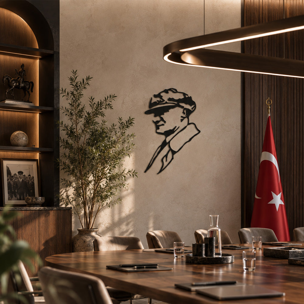 Atatürk profil tasarımlı siyah metal tablonun ahşap ve mermer detaylara sahip modern toplantı odasında, toplantı masasının arkasındaki duvarda kullanımı.