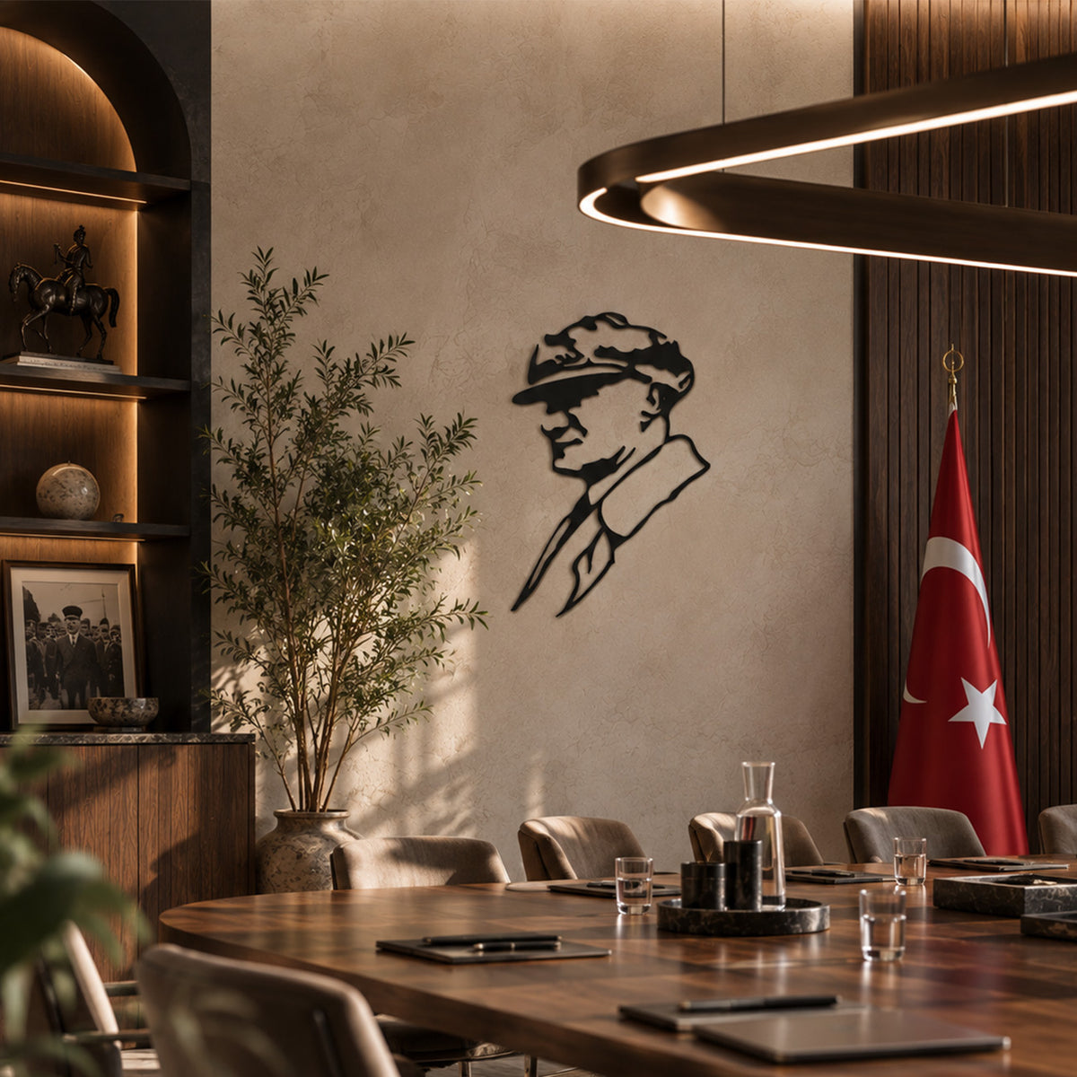 Atatürk profil tasarımlı siyah metal tablonun ahşap ve mermer detaylara sahip modern toplantı odasında, toplantı masasının arkasındaki duvarda kullanımı.