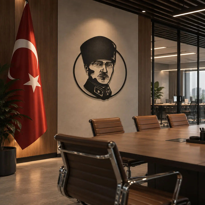Atatürk portre tasarımlı siyah metal tablonun Türk bayrağı bulunan modern toplantı odasındaki duvar dekorasyonu.