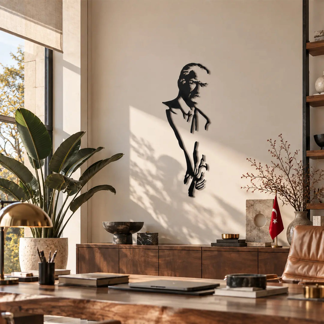 Atatürk portresini minimalist çizgi sanatı ve negatif alan tekniğiyle tasarlayan siyah metal duvar tablosunun sade ürün görünümü.