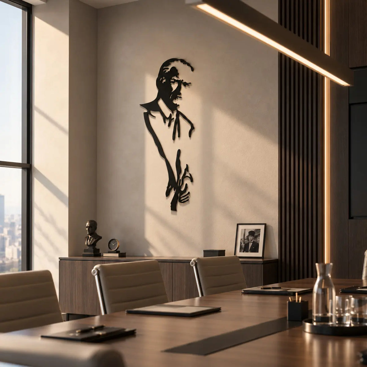 Minimalist çizgi sanatıyla tasarlanan Atatürk portreli siyah metal tablonun modern toplantı odasında kurumsal duvar dekorasyonu olarak kullanımı.