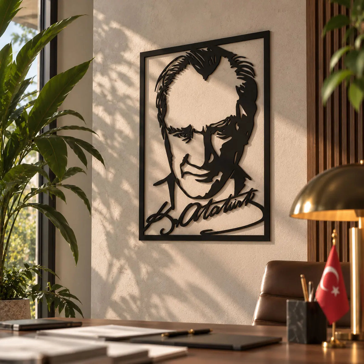 Atatürk portresinin yüz hatlarını, lazer kesim detaylarını ve imza tasarımını gösteren siyah metal duvar tablosunun yakın plan görünümü.