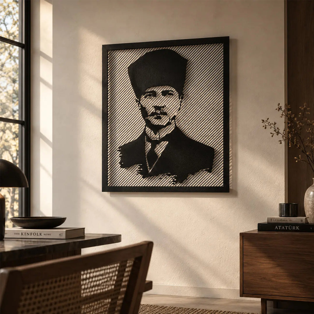 Atatürk portresini çapraz çizgili lazer kesim tasarımıyla sunan siyah metal duvar tablosunun modern ve sıcak tonlu iç mekânda duvar dekorasyonu olarak kullanımı.