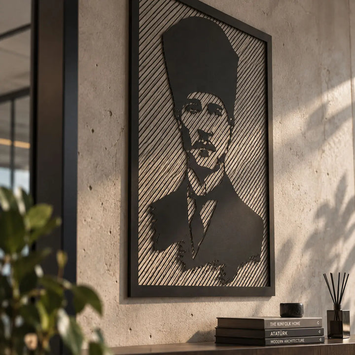 Atatürk portresinin lazer kesim detaylarını ve siyah metal yüzeyini gösteren yakın çekim metal duvar tablosu.