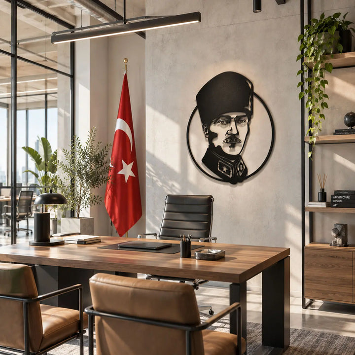 Atatürk portresini dairesel tasarımla birleştiren siyah metal duvar tablosunun modern yönetici ofisindeki kullanımı.