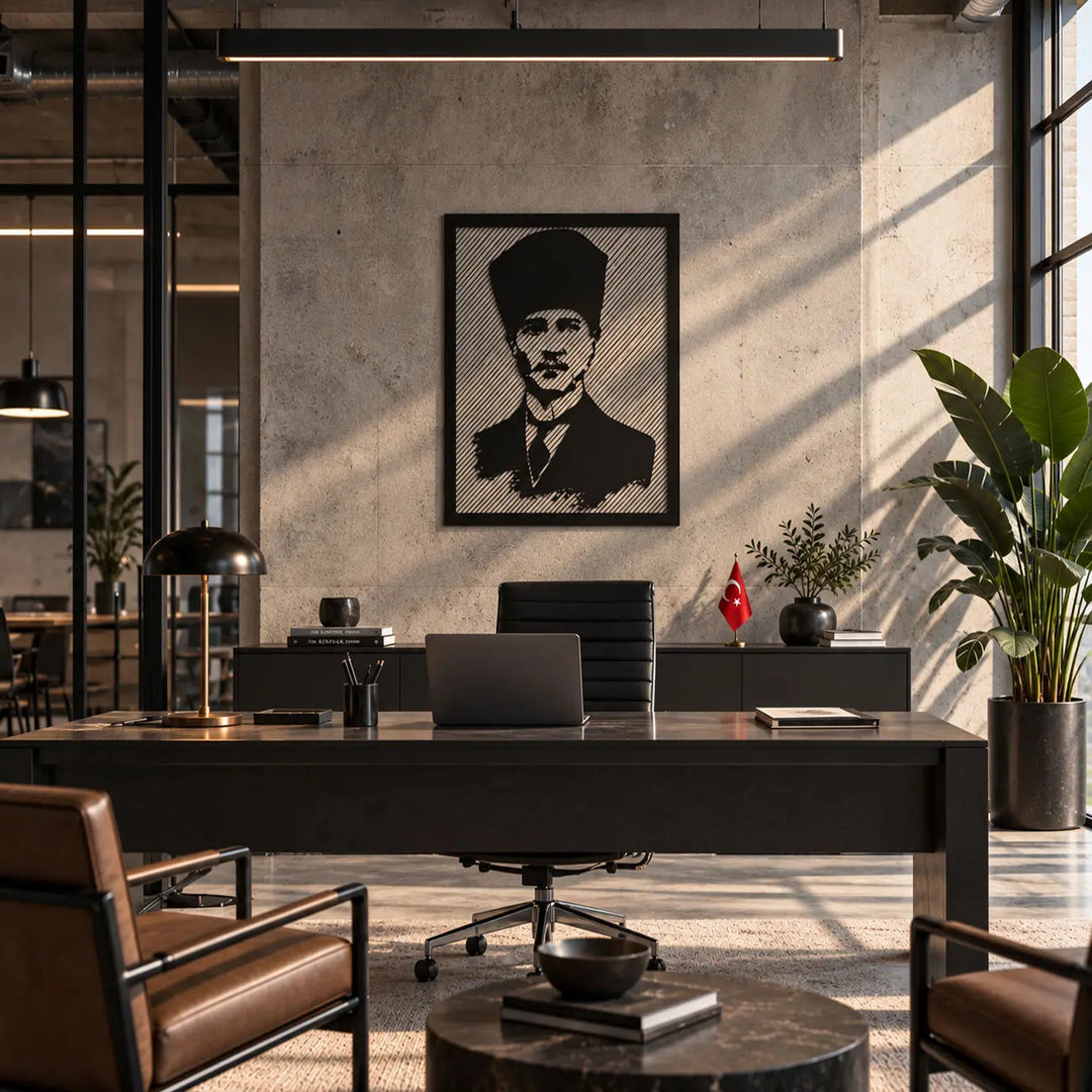Atatürk portresinden oluşan siyah metal duvar tablosunun modern yönetici ofisindeki kullanımı.